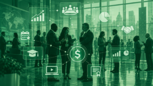Business professionals discuss association revenue strategy in a modern conference setting with green overlay icons representing growth, governance, partnerships, education, and financial sustainability.